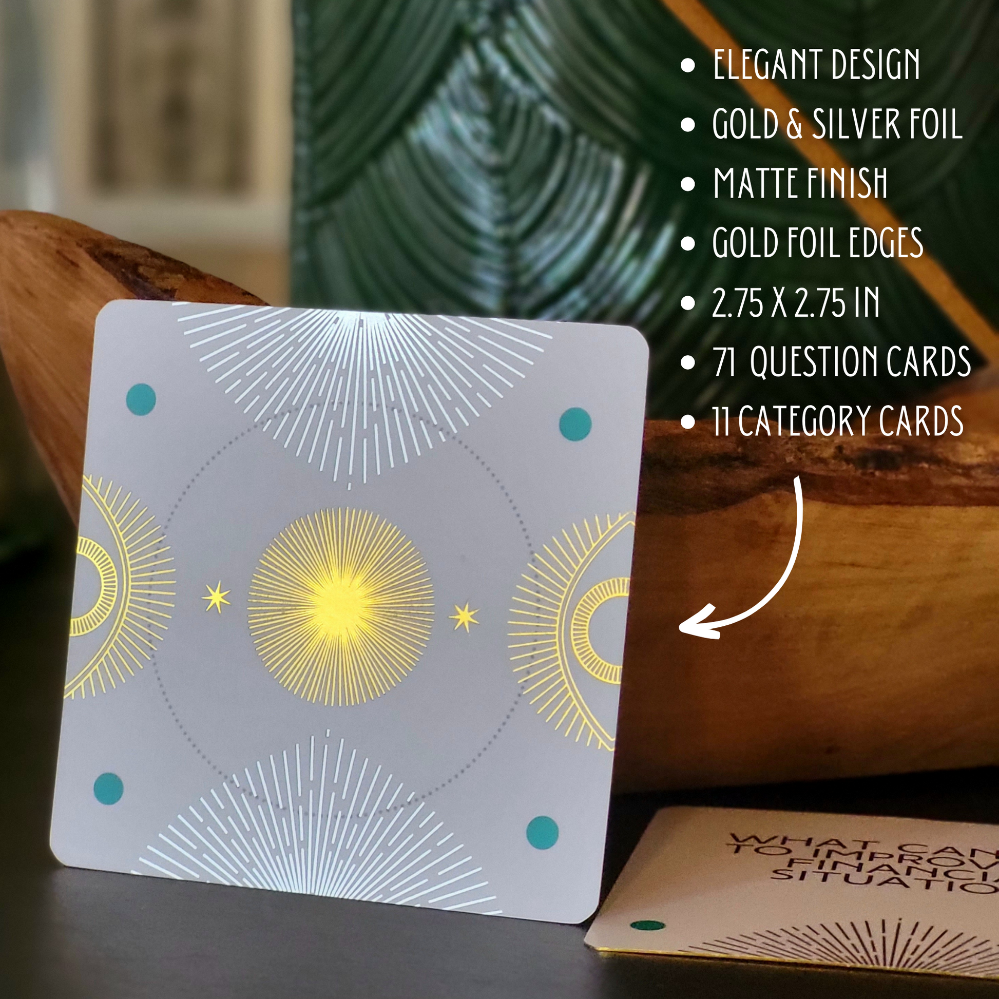 Close up of a single card highlighting key card features.