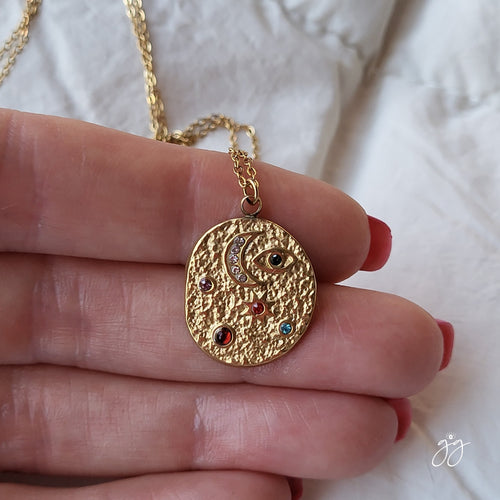 Indu Moon Necklace: Cosmic Gold Coin Pendant Necklace