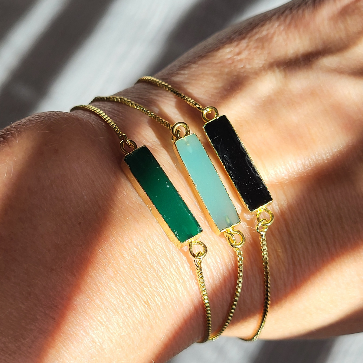 Althea Handmade Gemstone Bar Bracelet: Green Onyx, Black Onyx & Aqua Chalcedony