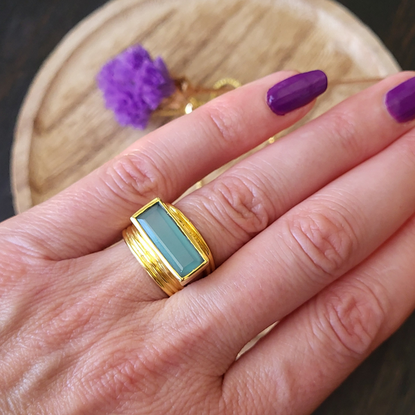 Althea Handmade Gold Gemstone Ring: Black Onyx, Green Onyx, Aqua Chalcedony