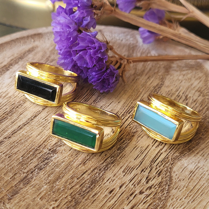 Althea Handmade Gold Gemstone Ring: Black Onyx, Green Onyx, Aqua Chalcedony