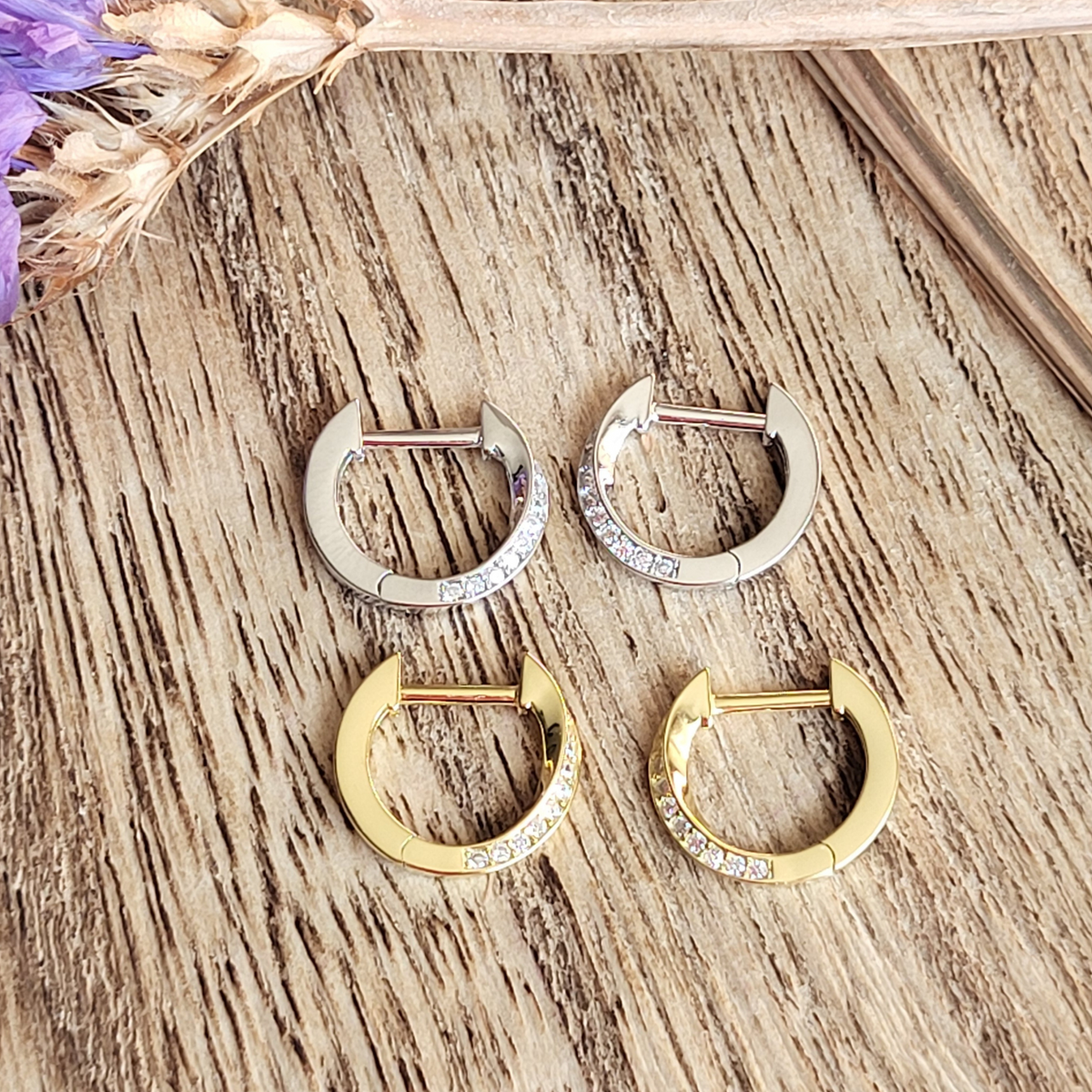 Twist & Sparkle Huggies Hoop Earrings: 925 Sterling Silver & Gold