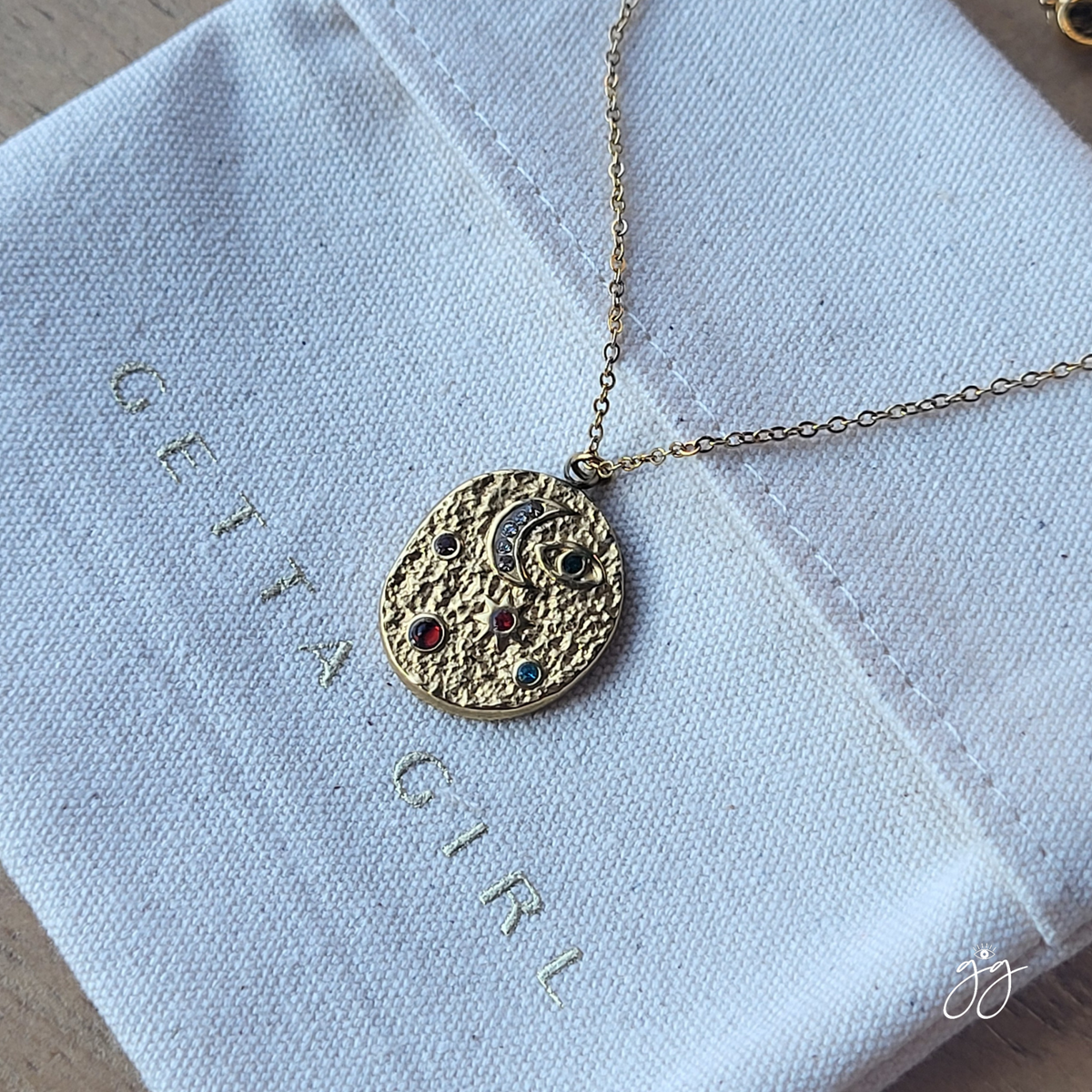 CLEARANCE - Indu Moon Necklace: Cosmic Gold Coin Pendant Necklace